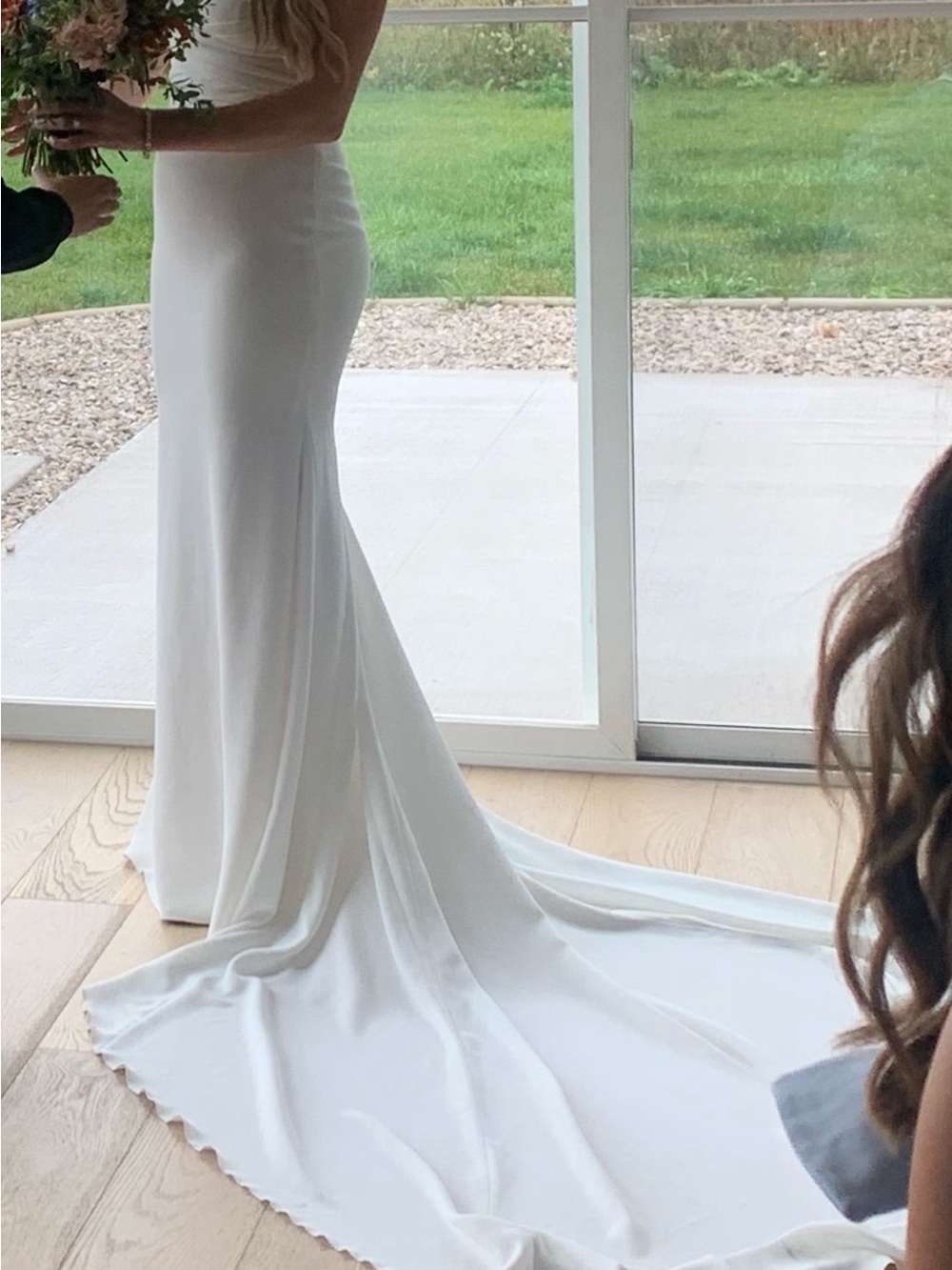 Atelier Pronovias White Crepe Fit & Flare Wedding Gown Size 8 Long Train - Picture 11 of 16